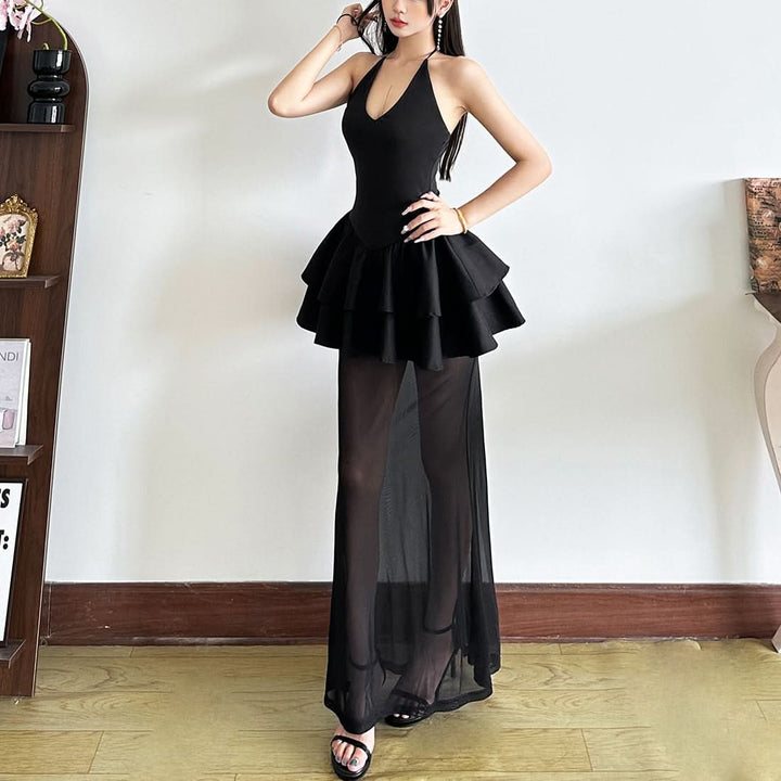 Halter v neck mesh ruffle solid maxi dress  | Festival Outfits Women