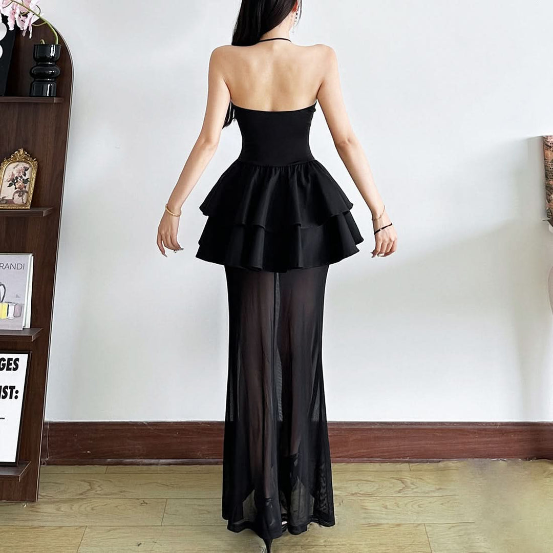 Halter v neck mesh ruffle solid maxi dress  | Festival Outfits Women