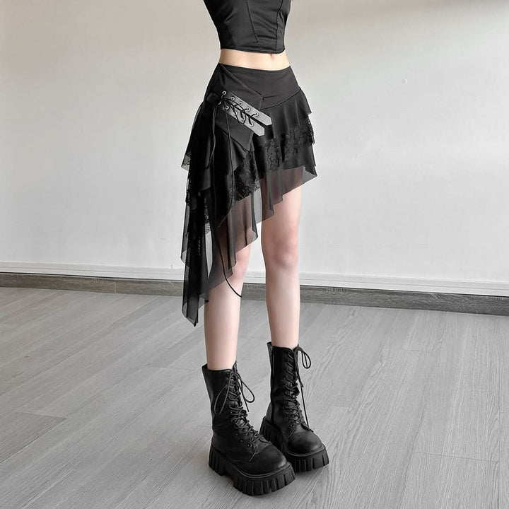 Irregular self tie mesh A line ruffle mini skirt  | Festival Outfits Women