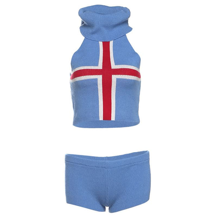 High neck knitted cross pattern low rise pant set  | Festival Outfits Women