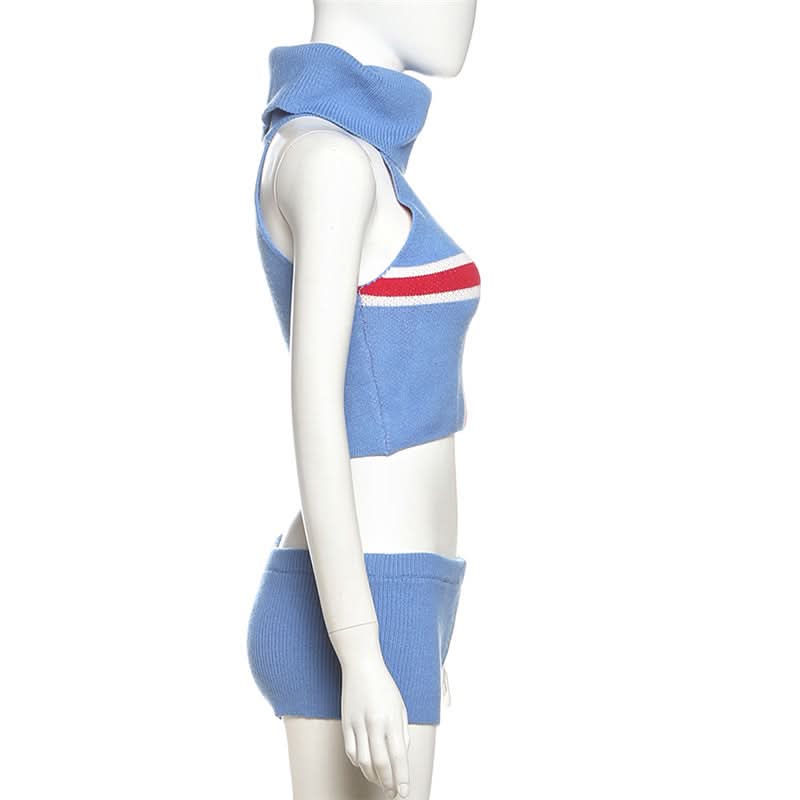 High neck knitted cross pattern low rise pant set  | Festival Outfits Women