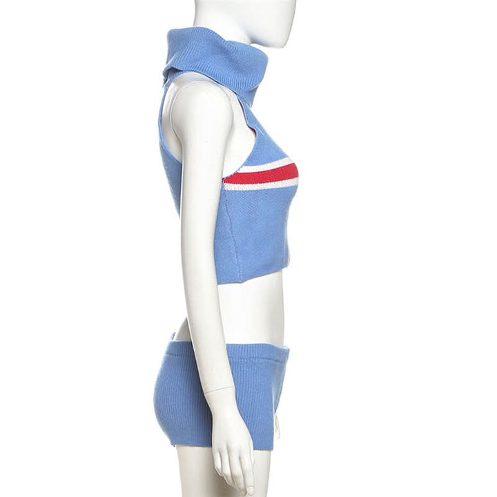 High neck knitted cross pattern low rise pant set  | Festival Outfits Women