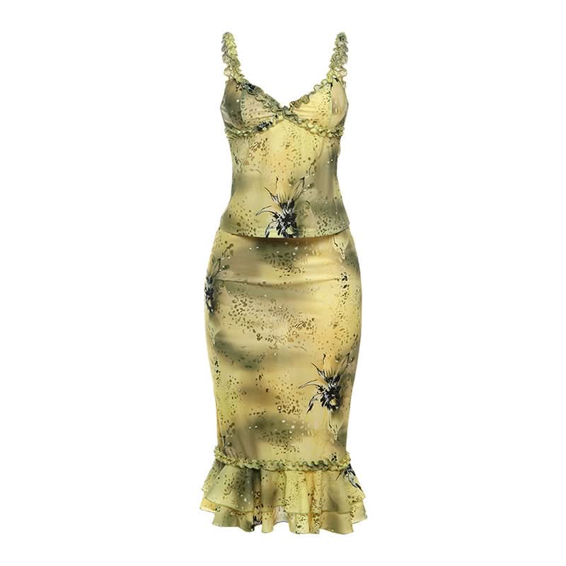Ruffle v neck low cut print cami midi skirt set  | Festival Outfits Women