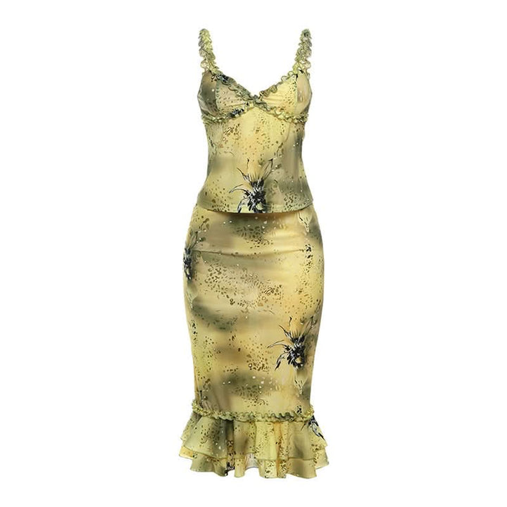 Ruffle v neck low cut print cami midi skirt set  | Festival Outfits Women