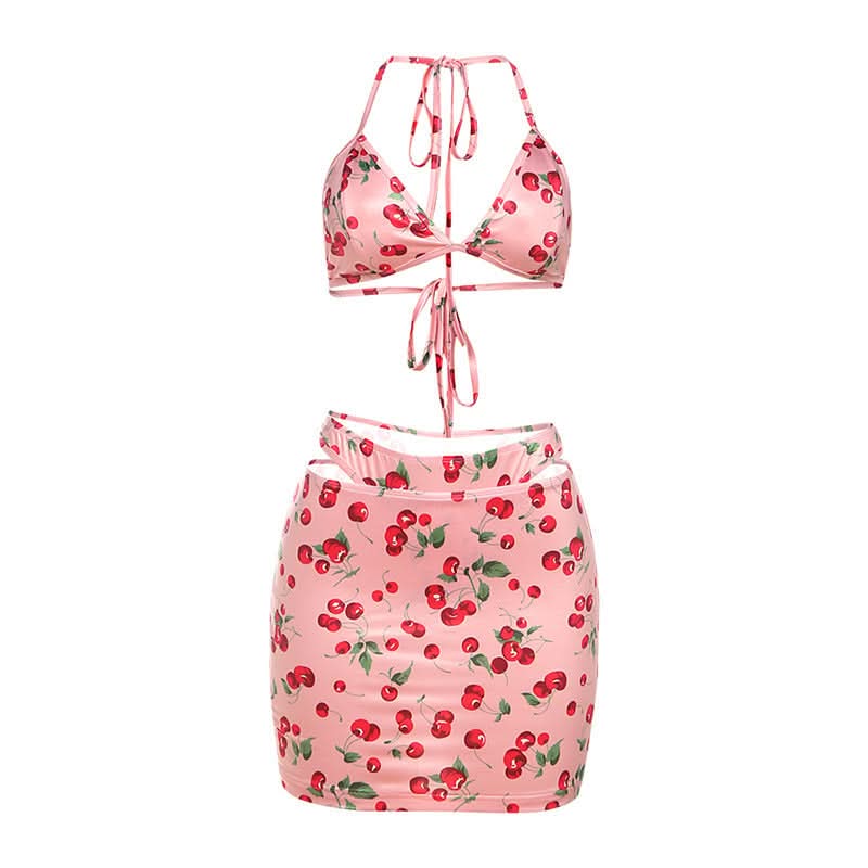 Halter self tie Cherry print v neck bikini swimwear-final-sale