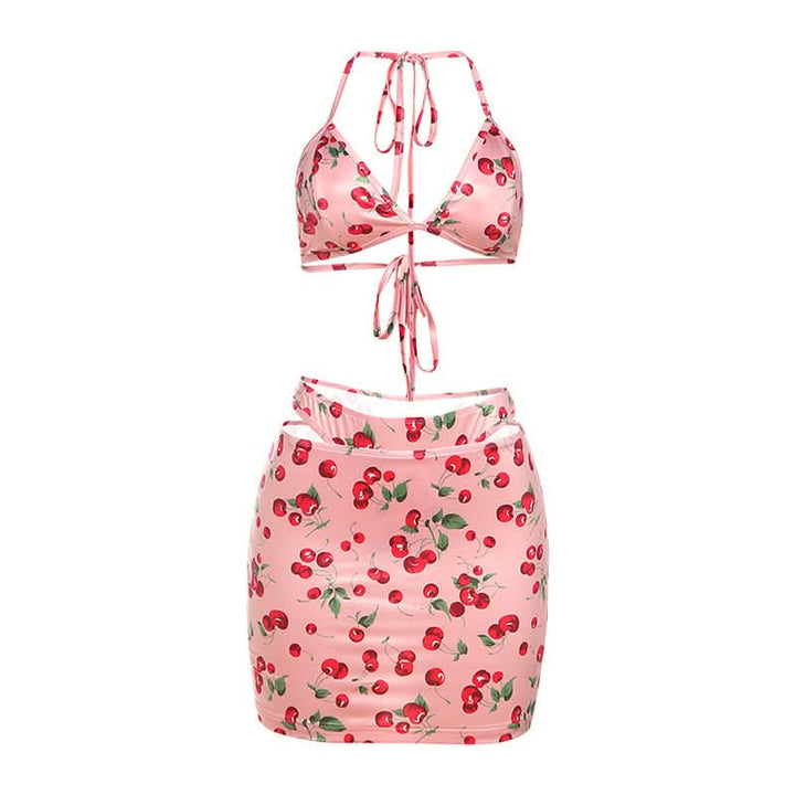 Halter self tie Cherry print v neck bikini swimwear-final-sale