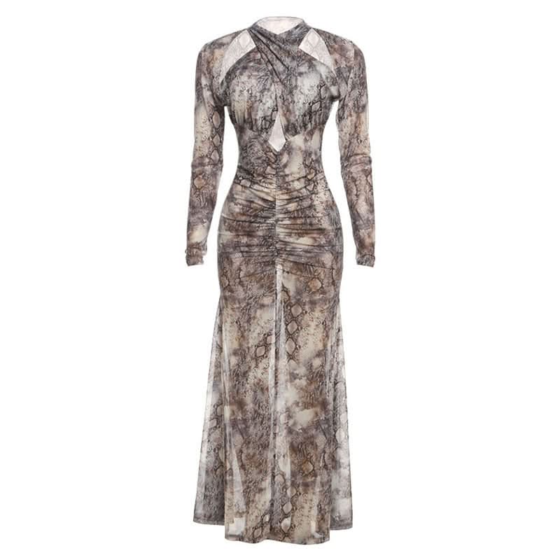 Long sleeve hollow out snakeskin print cut out maxi dress  | Festival Outfits Women