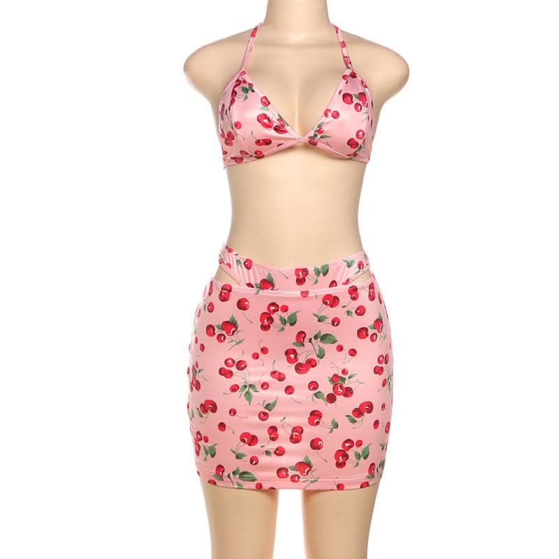 Halter self tie Cherry print v neck bikini swimwear-final-sale