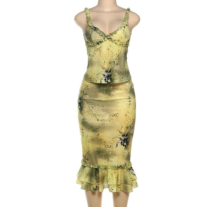 Ruffle v neck low cut print cami midi skirt set  | Festival Outfits Women