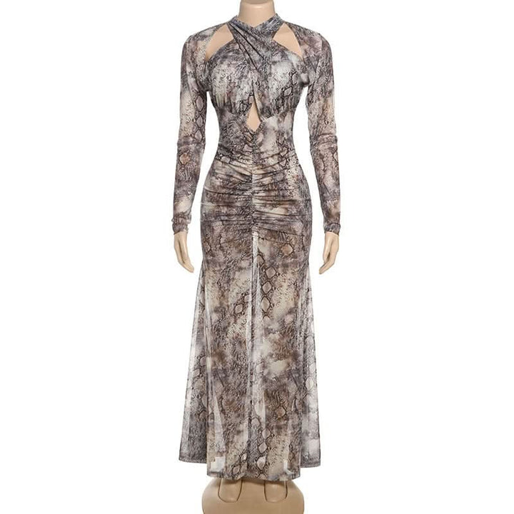 Long sleeve hollow out snakeskin print cut out maxi dress  | Festival Outfits Women