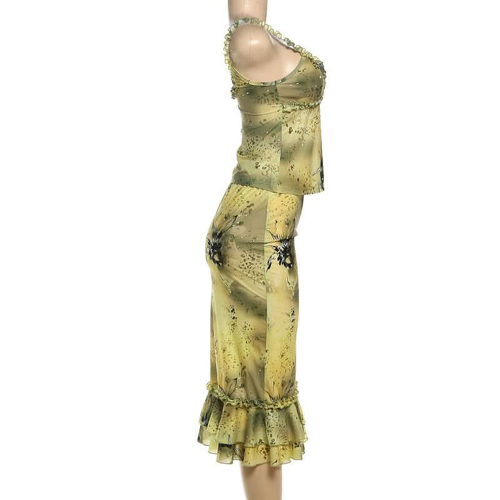 Ruffle v neck low cut print cami midi skirt set  | Festival Outfits Women