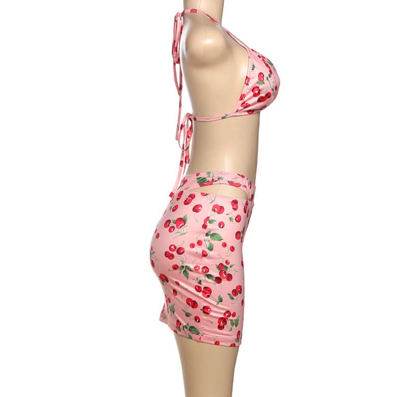 Halter self tie Cherry print v neck bikini swimwear-final-sale