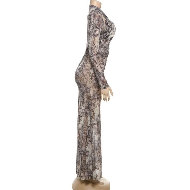 Long sleeve hollow out snakeskin print cut out maxi dress  | Festival Outfits Women