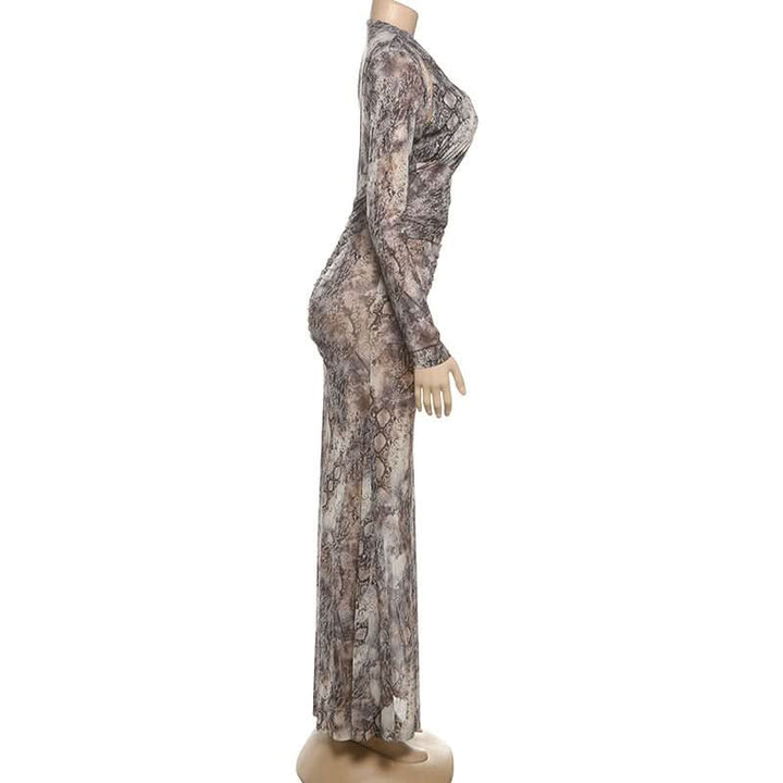 Long sleeve hollow out snakeskin print cut out maxi dress  | Festival Outfits Women