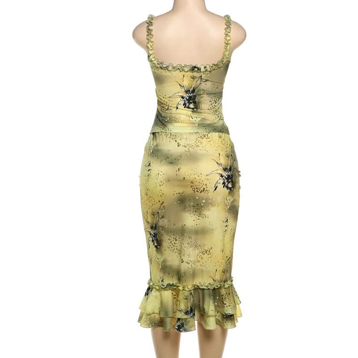Ruffle v neck low cut print cami midi skirt set  | Festival Outfits Women