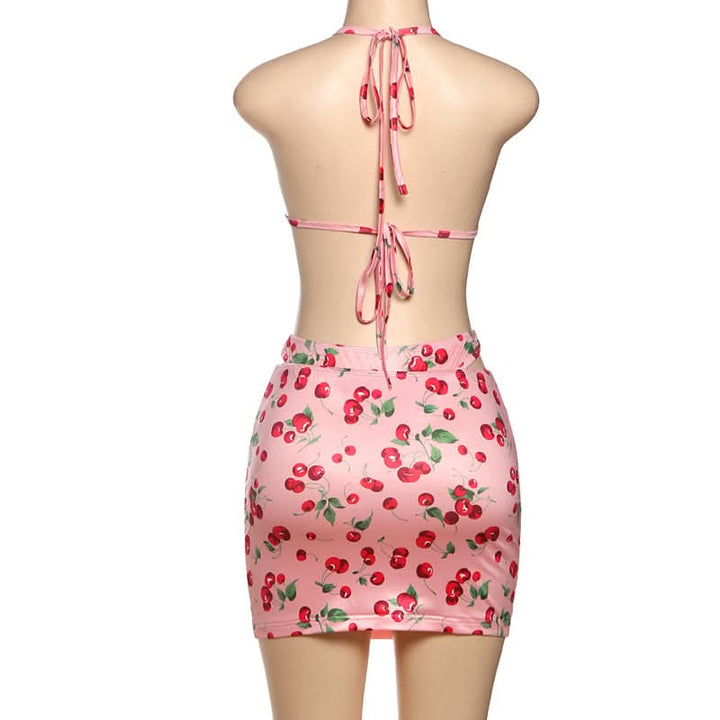 Halter self tie Cherry print v neck bikini swimwear-final-sale