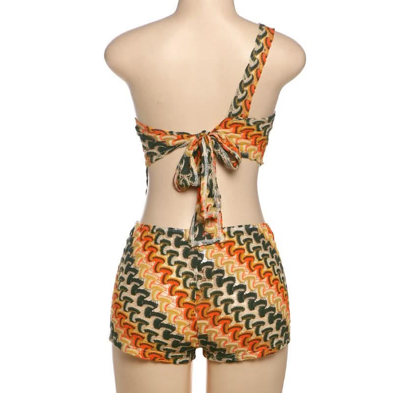 One shoulder self tie knitted irregular pant set  | Festival Outfits Women-final-sale