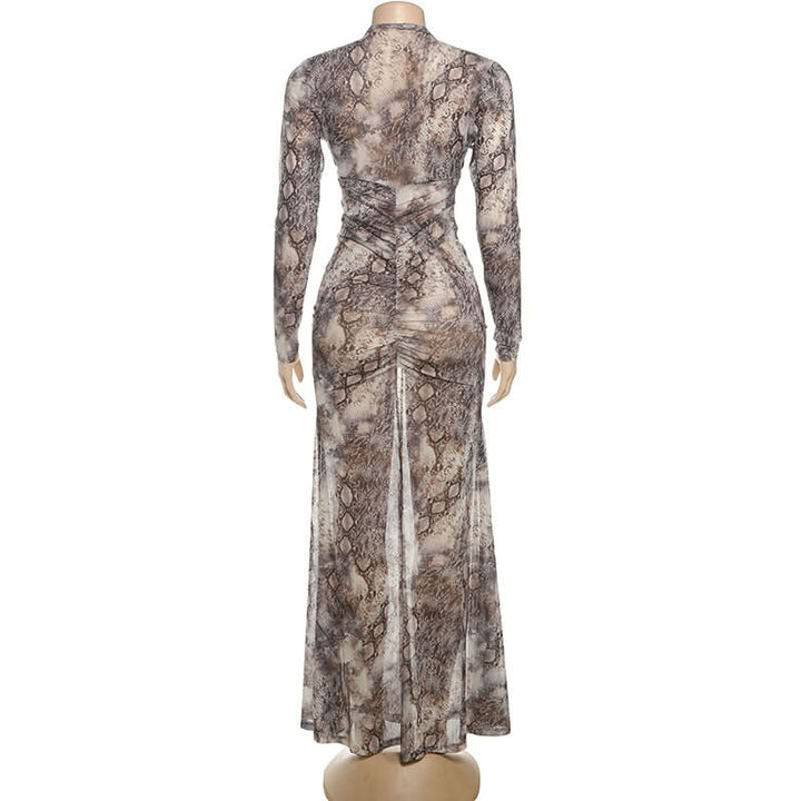 Long sleeve hollow out snakeskin print cut out maxi dress  | Festival Outfits Women