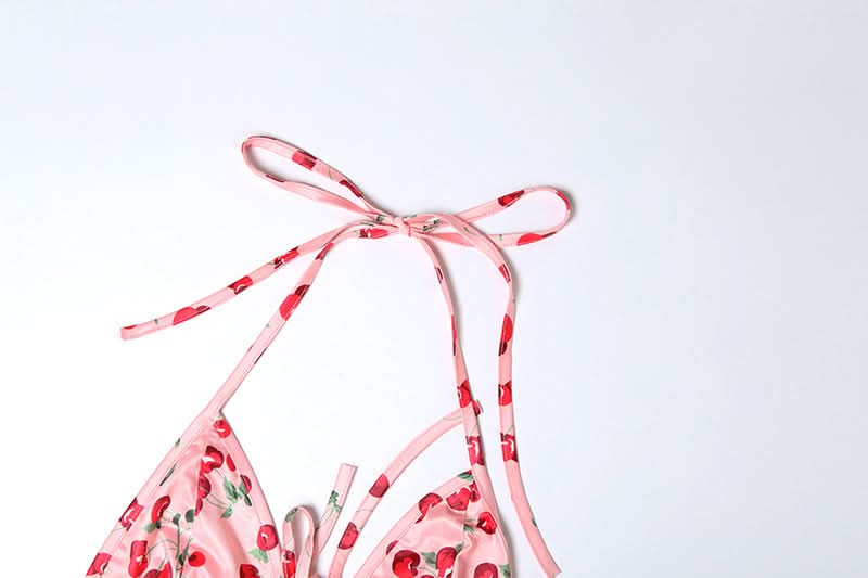 Halter self tie Cherry print v neck bikini swimwear-final-sale