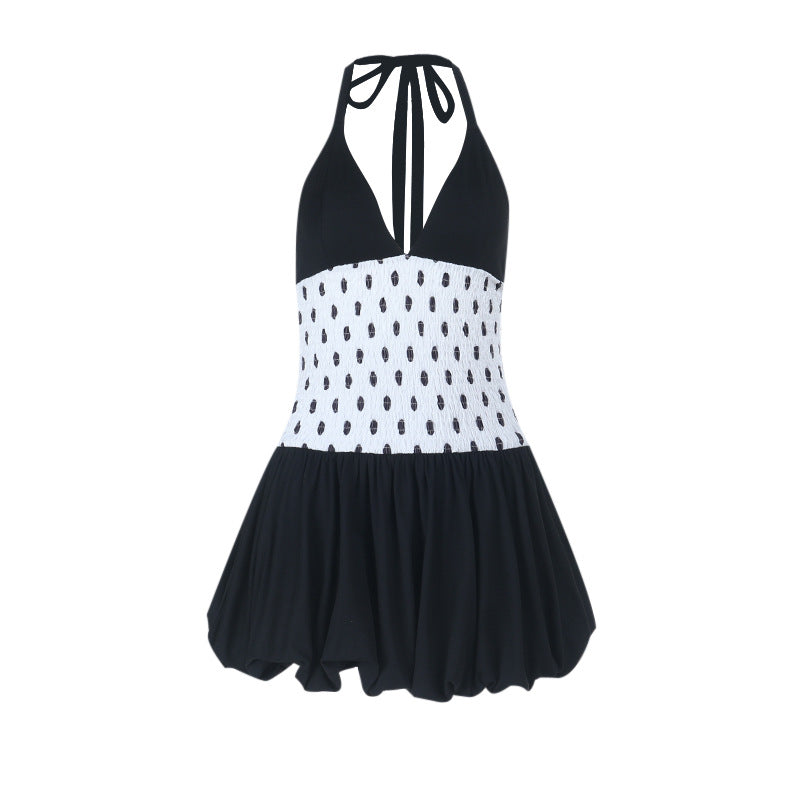 Halter polka dot v neck smocked mini dress  | Festival Outfits Women