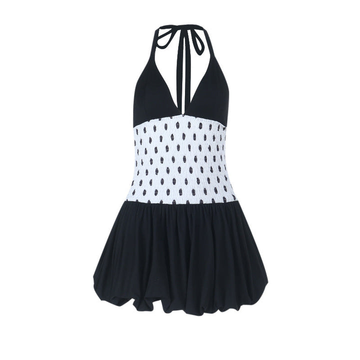 Halter polka dot v neck smocked mini dress  | Festival Outfits Women
