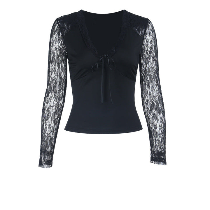 Long sleeve lace self tie v neck top  | Festival Outfits Women