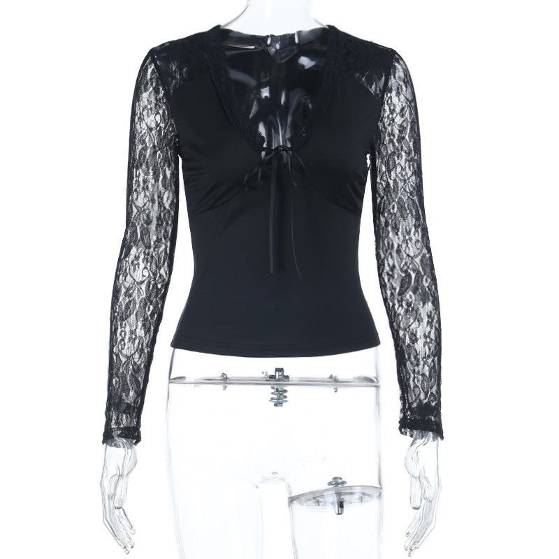 Long sleeve lace self tie v neck top  | Festival Outfits Women