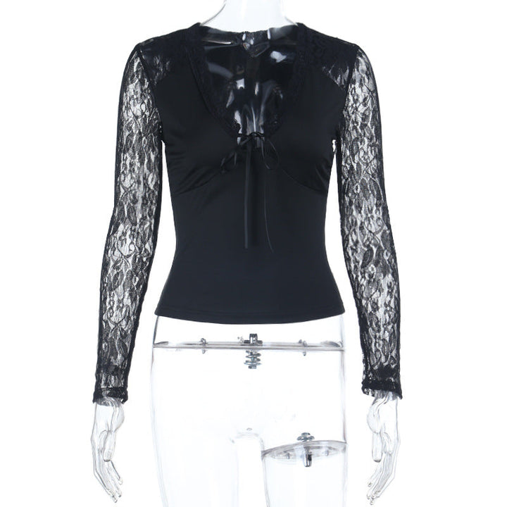 Long sleeve lace self tie v neck top  | Festival Outfits Women