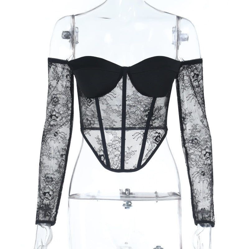 Off shoulder corset long sleeve lace top  | Festival Outfits Women