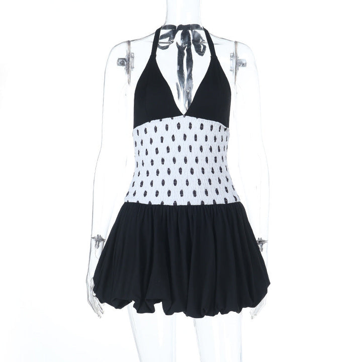 Halter polka dot v neck smocked mini dress  | Festival Outfits Women