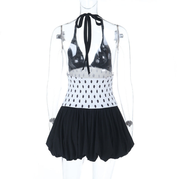 Halter polka dot v neck smocked mini dress  | Festival Outfits Women