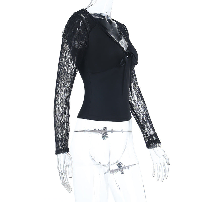 Long sleeve lace self tie v neck top  | Festival Outfits Women