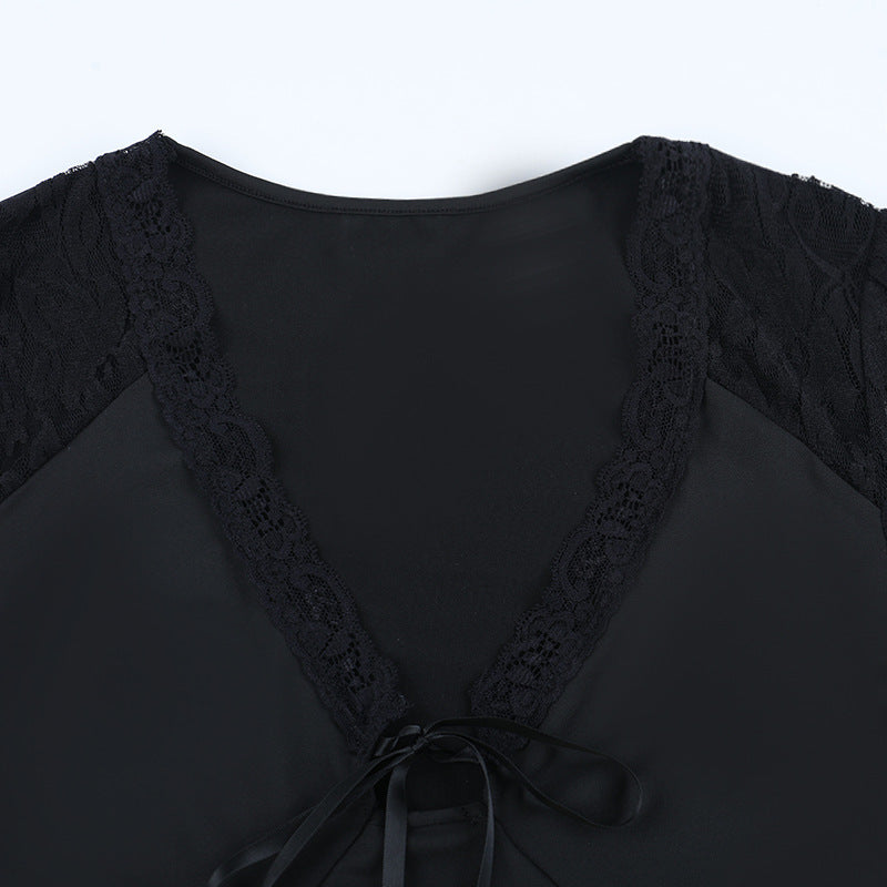 Long sleeve lace self tie v neck top  | Festival Outfits Women