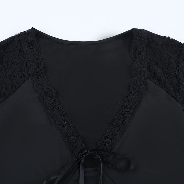 Long sleeve lace self tie v neck top  | Festival Outfits Women