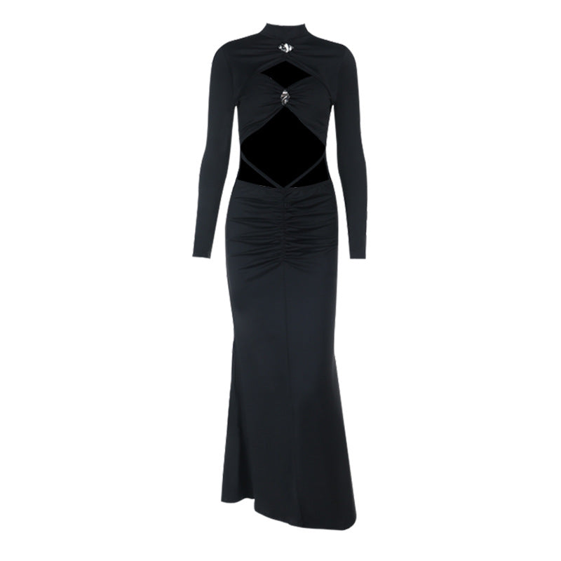Long sleeve high neck hollow out cut out maxi dress  | Festival Outfits Women-final-sale