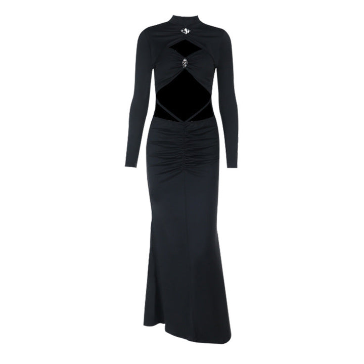Long sleeve high neck hollow out cut out maxi dress  | Festival Outfits Women-final-sale