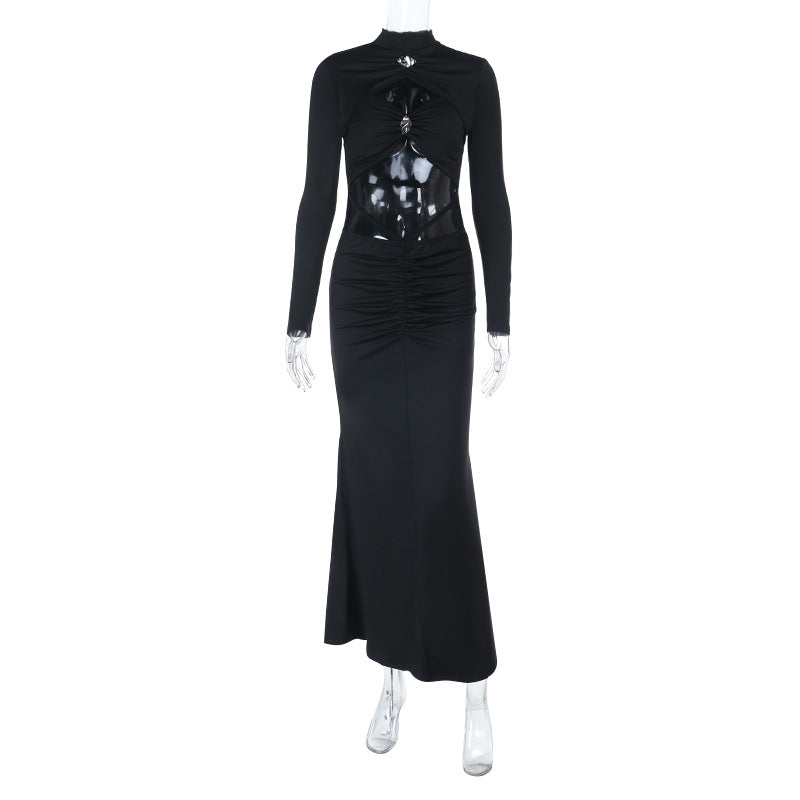 Long sleeve high neck hollow out cut out maxi dress  | Festival Outfits Women-final-sale
