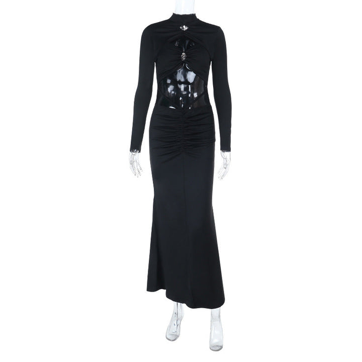 Long sleeve high neck hollow out cut out maxi dress  | Festival Outfits Women-final-sale