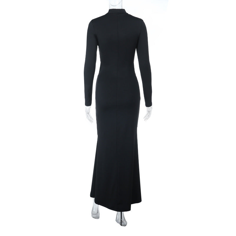 Long sleeve high neck hollow out cut out maxi dress  | Festival Outfits Women-final-sale