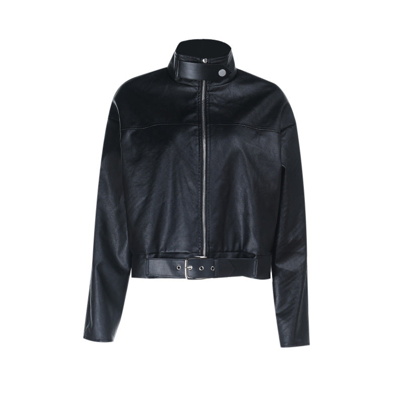 Long sleeve high neck PU leather zip-up coat top  | Festival Outfits Women