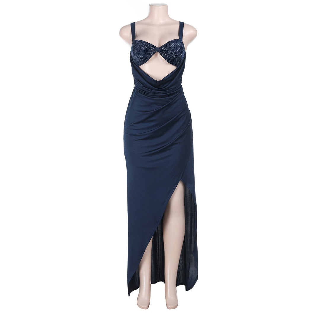 Polka dot hollow out slit ruched cami cut out maxi dress  | Festival Outfits Women