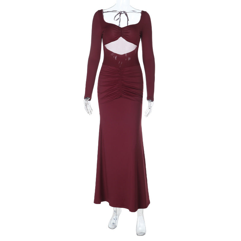 Long sleeve hollow out ruched mesh patchwork cut out maxi dress  | Festival Outfits Women