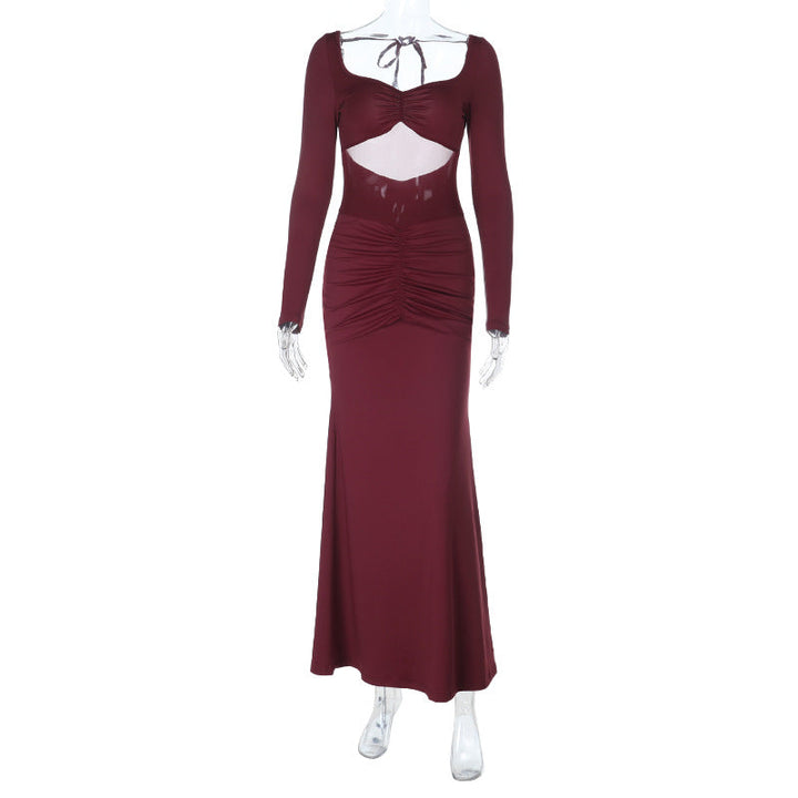 Long sleeve hollow out ruched mesh patchwork cut out maxi dress  | Festival Outfits Women