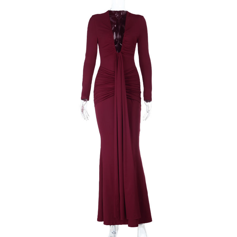 Long sleeve ruched v neck solid maxi dress  | Festival Outfits Women