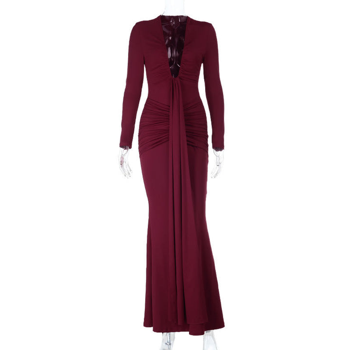 Long sleeve ruched v neck solid maxi dress  | Festival Outfits Women