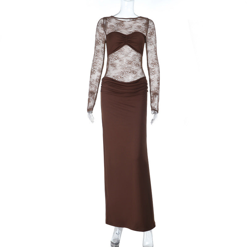 Long sleeve lace patchwork ruched maxi dress  | Festival Outfits Women