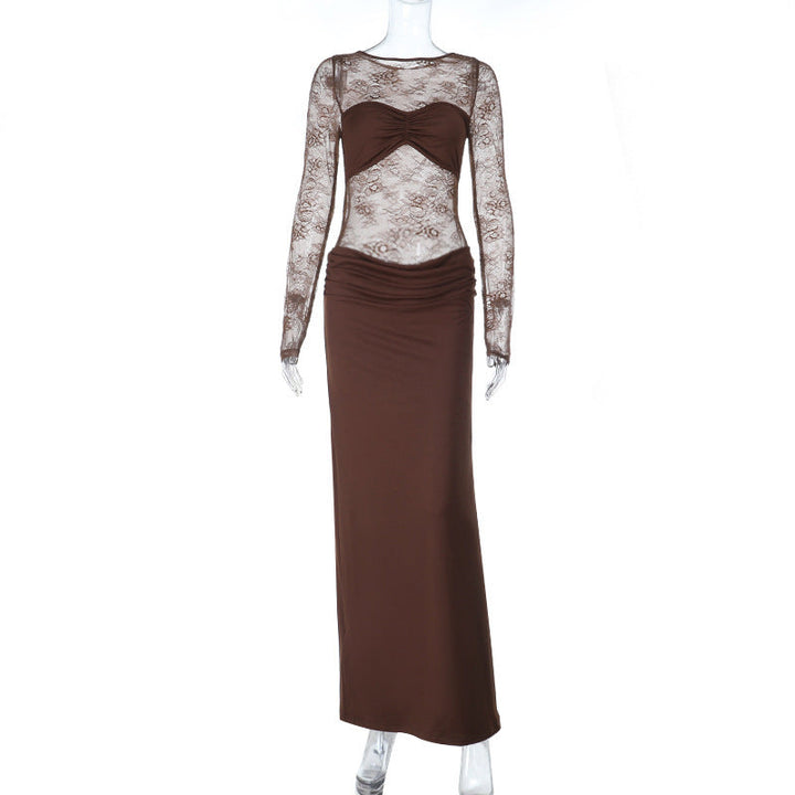 Long sleeve lace patchwork ruched maxi dress  | Festival Outfits Women