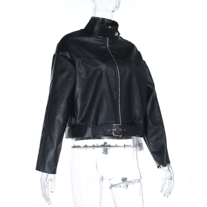 Long sleeve high neck PU leather zip-up coat top  | Festival Outfits Women