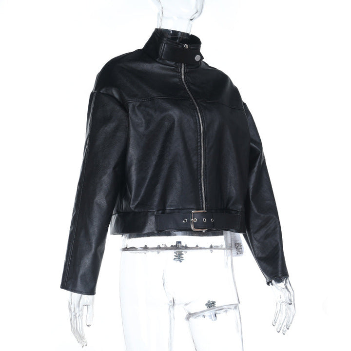 Long sleeve high neck PU leather zip-up coat top  | Festival Outfits Women