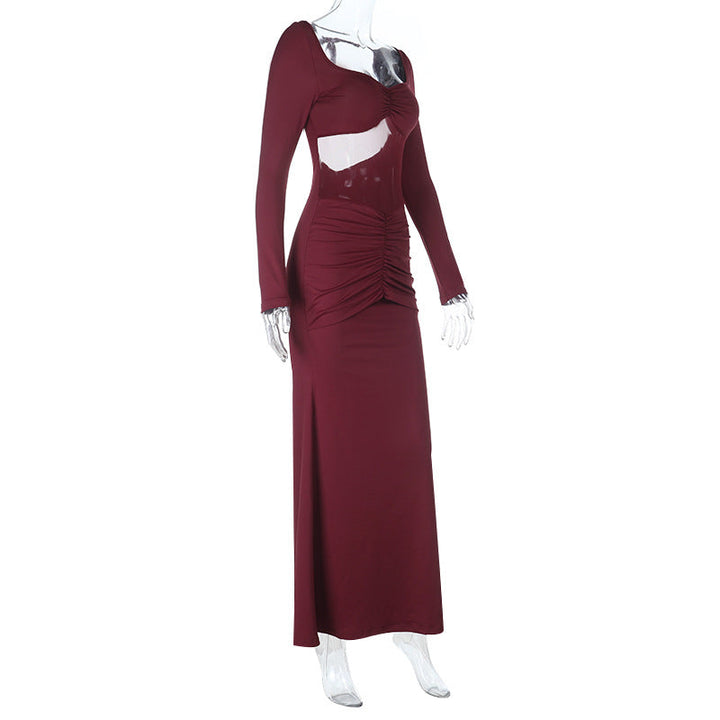 Long sleeve hollow out ruched mesh patchwork cut out maxi dress  | Festival Outfits Women
